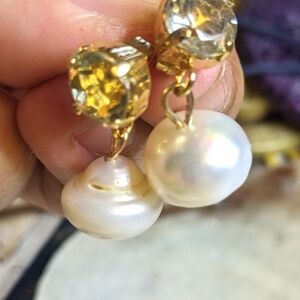 3.4 Total Carats Prasiolite Green Amethyst with Large Baroque Pearl Earrings